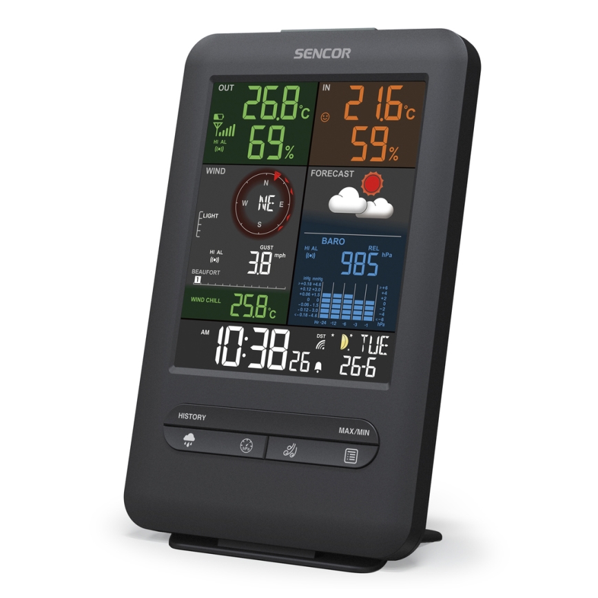 Sencor - Професионална метеорологична станция с LCD дисплей и будилник 1xCR2032 + 3xAA
