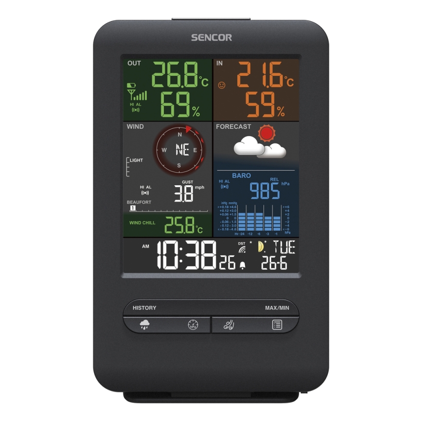Sencor - Професионална метеорологична станция с LCD дисплей и будилник 1xCR2032 + 3xAA