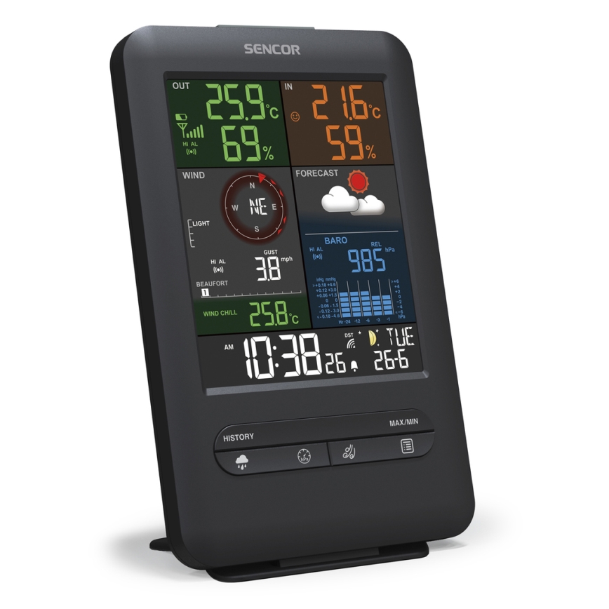 Sencor - Професионална метеорологична станция с LCD дисплей и будилник 1xCR2032 + 3xAA