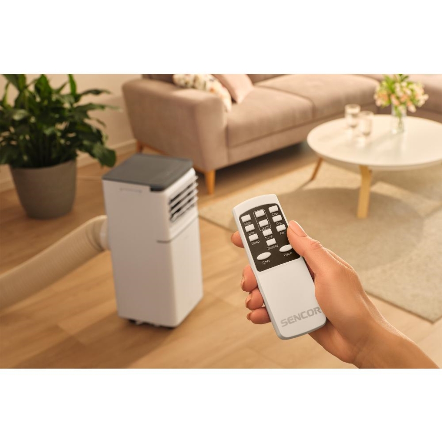 Sencor - Умен преносим климатик 3 в 1 с пълен комплект аксесоари, 815 W / 230 V, 8000 BTU, Wi‑Fi, бял + дистанционно управление