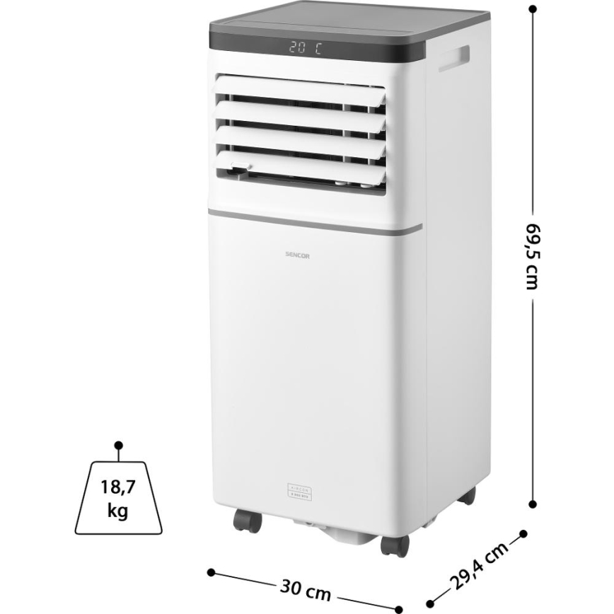 Sencor - Умен преносим климатик 3 в 1 с пълен комплект аксесоари, 815 W / 230 V, 8000 BTU, Wi‑Fi, бял + дистанционно управление
