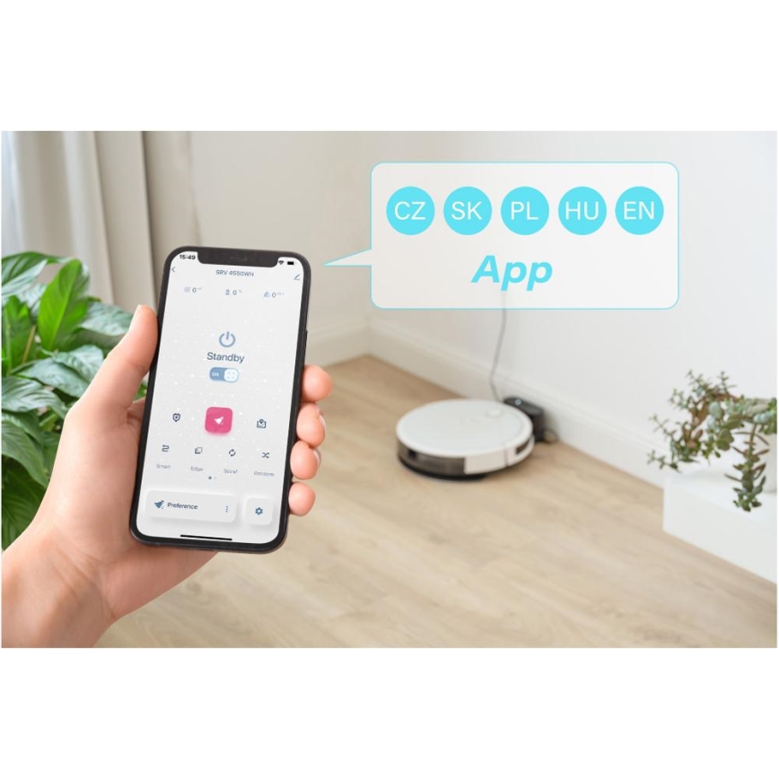 Sencor - Умен роботизиран прахосмукач с функция моп 2 в 1, 28W/2600 mAh, Wi-Fi, бял + дистанционно управление