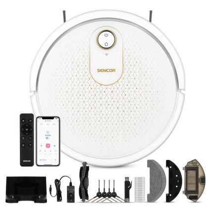 Sencor - Умен роботизиран прахосмукач с функция моп 2 в 1, 28W/2600 mAh, Wi-Fi, бял + дистанционно управление