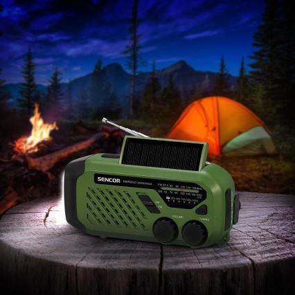 Sencor - кемпингово радио с манивела, соларен панел и LED фенер, 5V/2000 mAh, IPX4, зелено