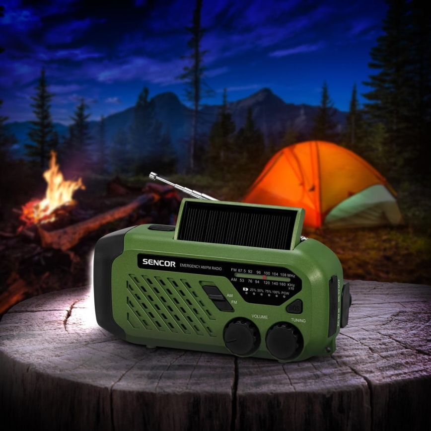 Sencor - кемпингово радио с манивела, соларен панел и LED фенер, 5V/2000 mAh, IPX4, зелено
