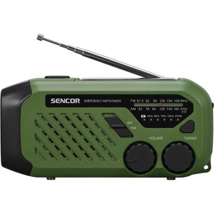 Sencor - кемпингово радио с манивела, соларен панел и LED фенер, 5V/2000 mAh, IPX4, зелено