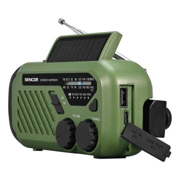 Sencor - кемпингово радио с манивела, соларен панел и LED фенер, 5V/2000 mAh, IPX4, зелено