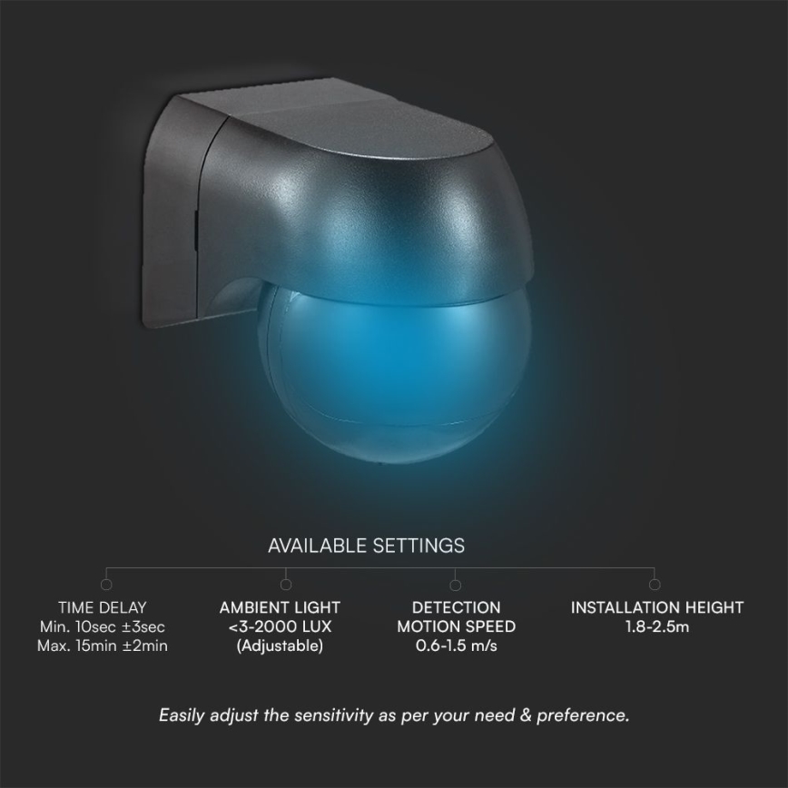 Сензор за движение PIR 180° 400W/230V IP44 черен