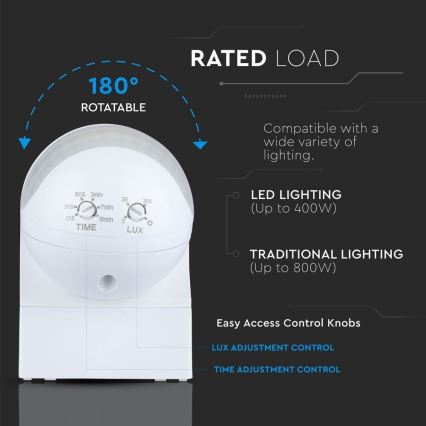 Сензор за движение PIR 180° 800W/230V IP44 бял