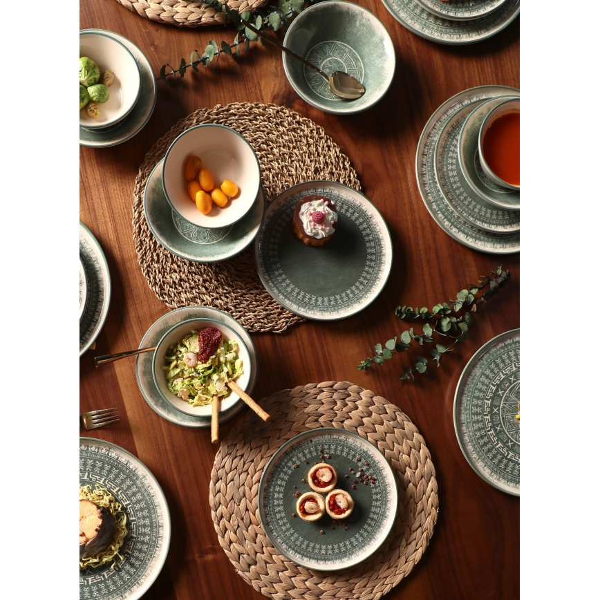 Сервиз за хранене 24 части бежов/зелен/каменна керамика