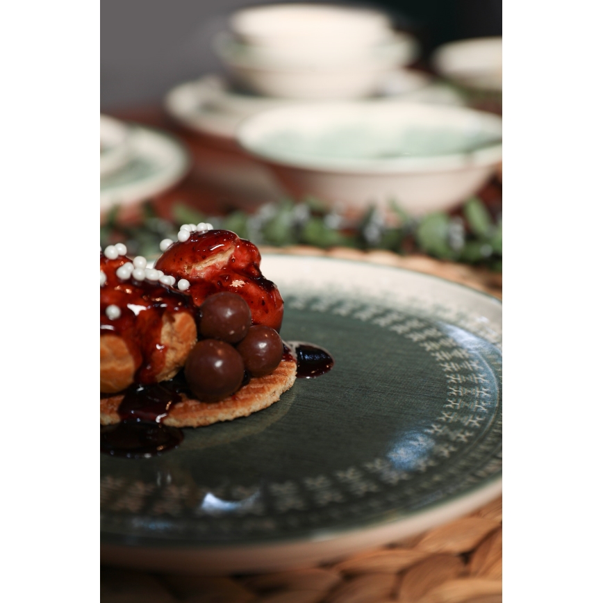 Сервиз за хранене 24 части бежов/зелен/каменна керамика