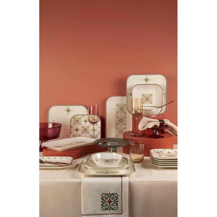 Сервиз за хранене, 26 части, бял/зелен, порцелан