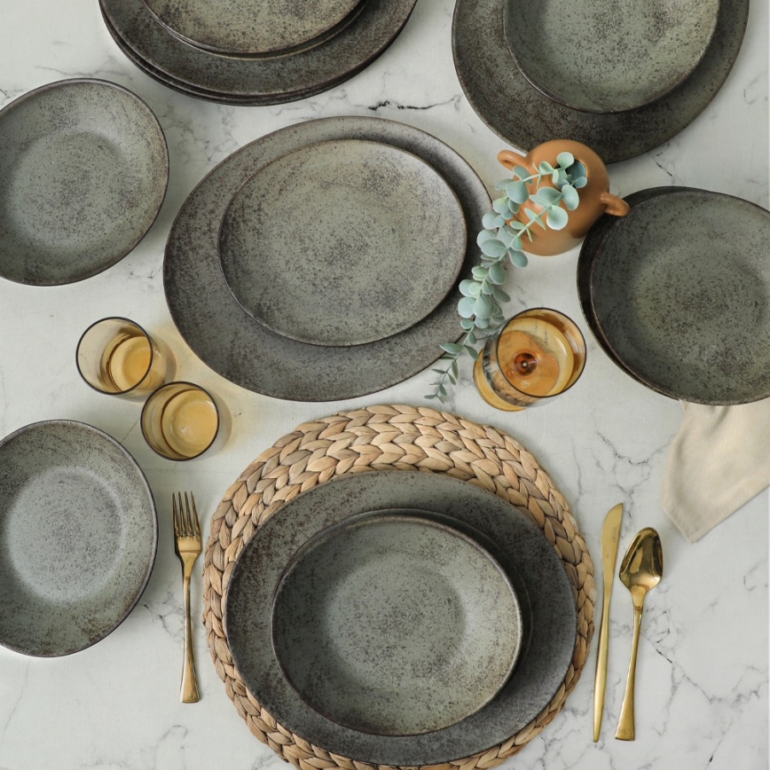 Сет за хранене, 18 части, антрацит/зелен/каменна керамика