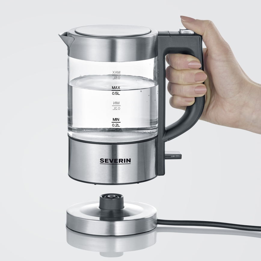 Severin WK 3472 - Бързозагряваща електрическа кана 0,5 л 1100 W/230 V неръждаема стомана/стъкло