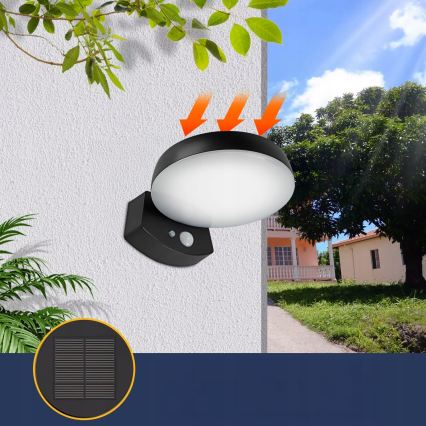 LED димируемо соларно стенно осветително тяло със сензор LED/3W/3,7V 1800 mAh IP54 черно