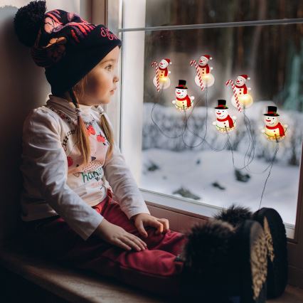 LED гирлянд с вендузи 6xLED/2xAA 1,2m, топла бяла светлина, снежен човек