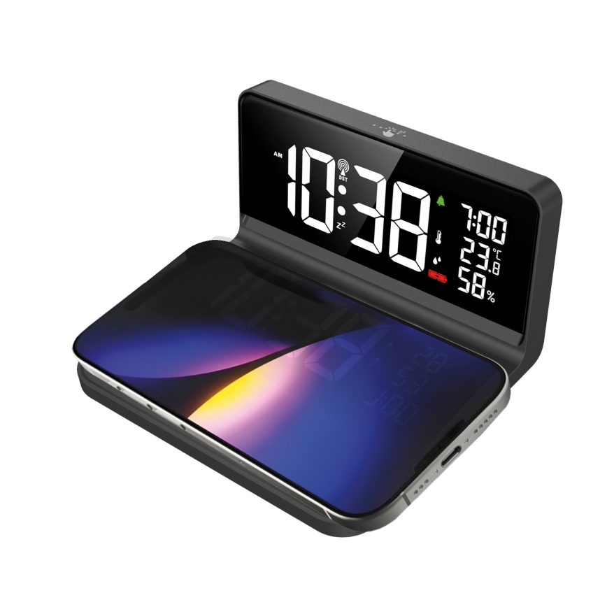 Solight CA06 - LED Будилник с LCD дисплей и безжично зареждане Qi LED/10W/230V