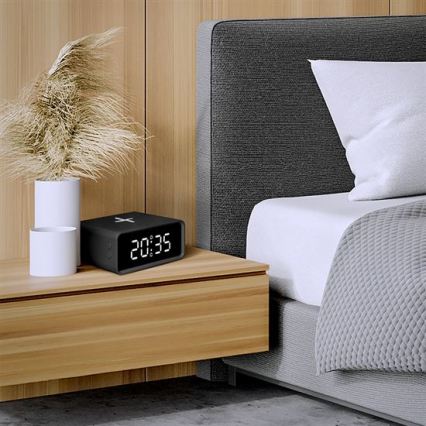 Цифров часовник с безжично Qi зарядно, 230 V/CR2032, черен