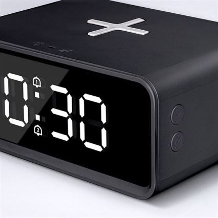 Цифров часовник с безжично Qi зарядно, 230 V/CR2032, черен