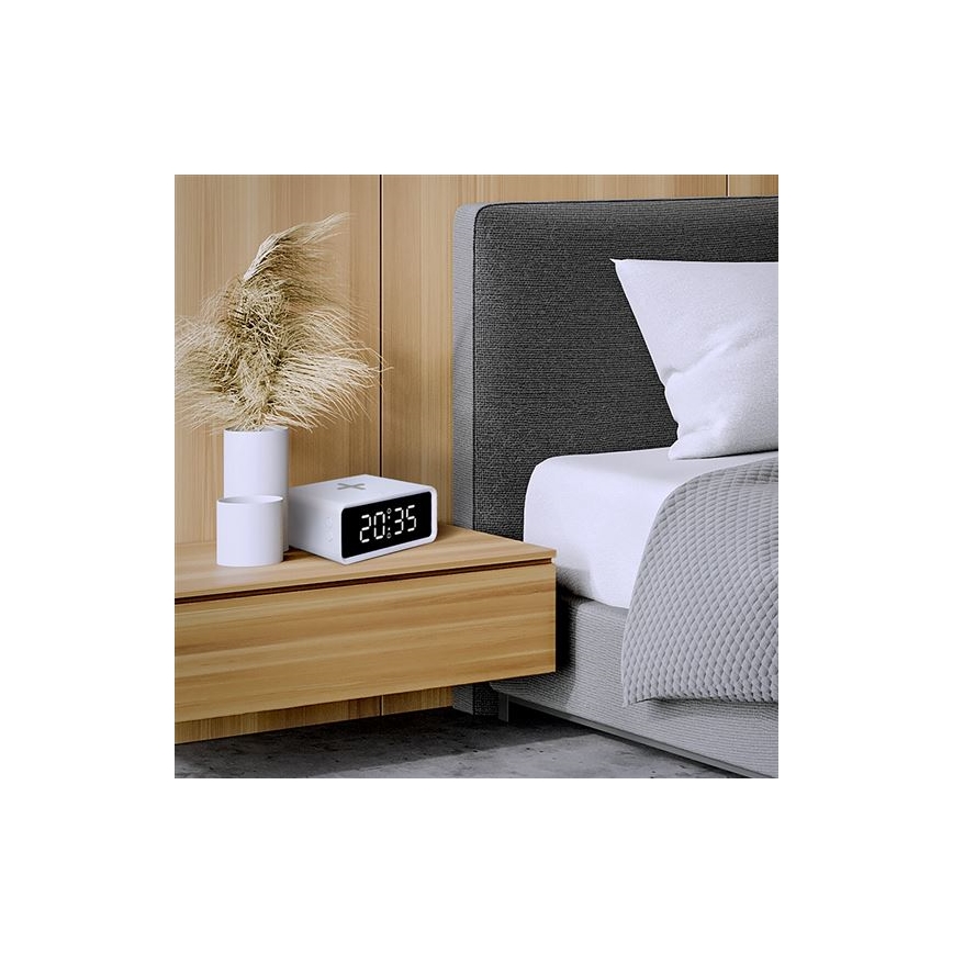 Дигитален часовник с Qi безжично зарядно 230V/CR2032 бял