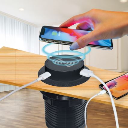 Вградено безжично зарядно устройство + USB A+C черен