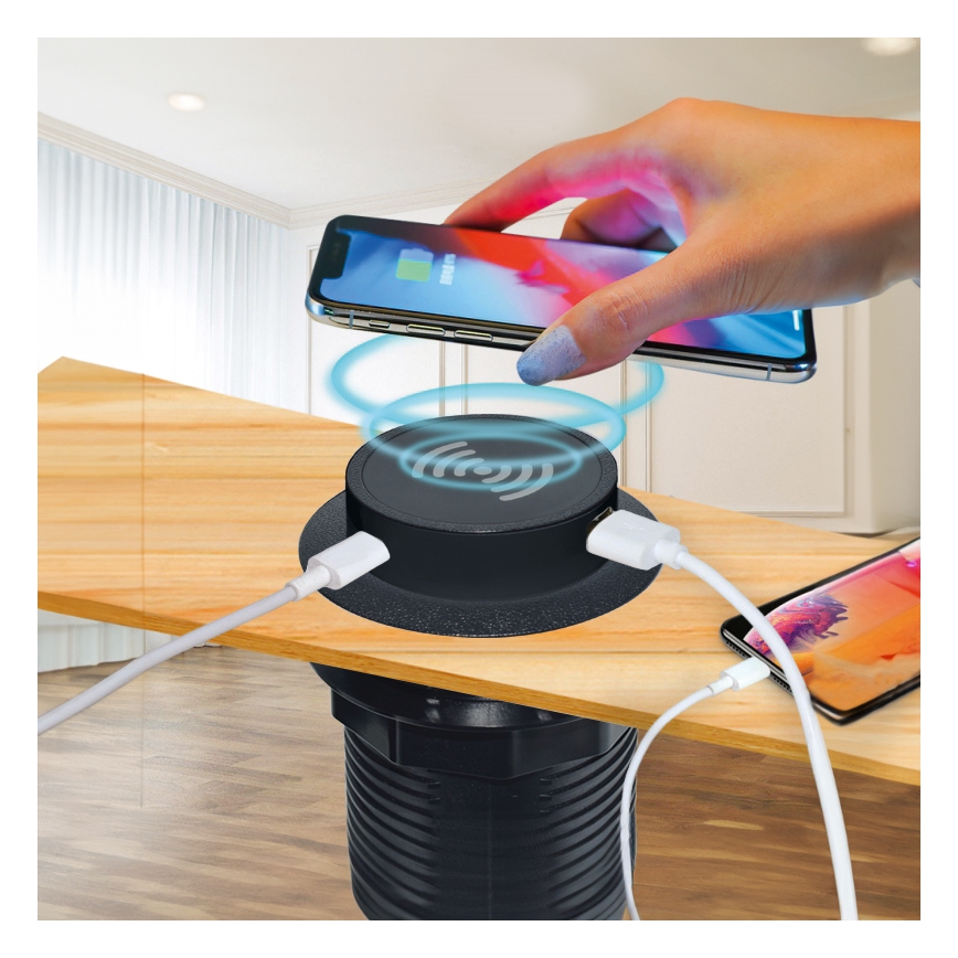 Вградено безжично зарядно устройство + USB A+C черен