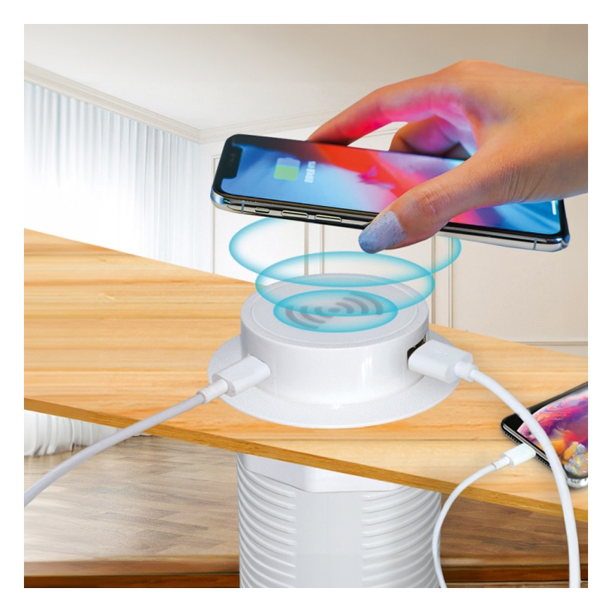 Вградено безжично зарядно устройство + USB A+C бял