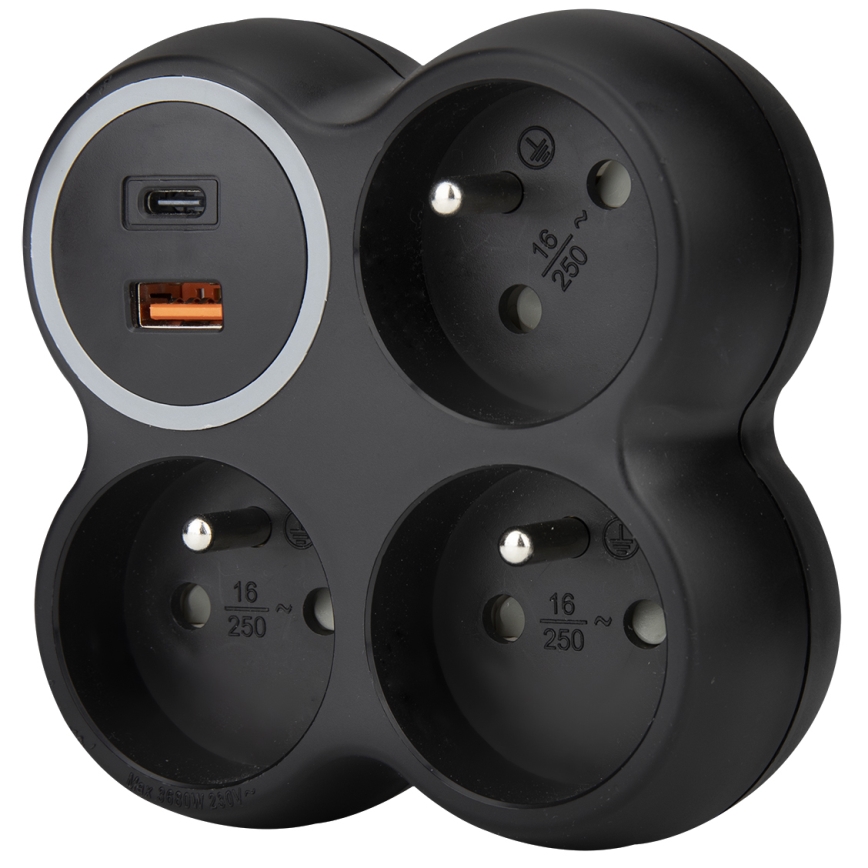 Разклонител 3x 15A с USB A+C, черен