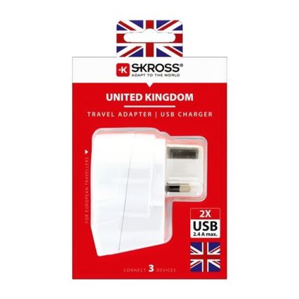 Адаптер за пътуване за Обединеното Кралство 230V + 2 бр. USB порт