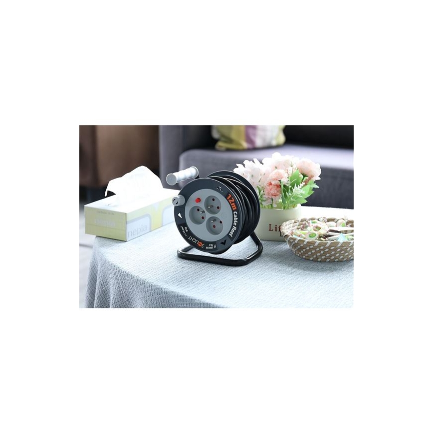 Удължител на макара, 3 гнезда, 12 м