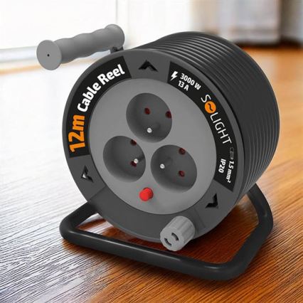 Удължител на макара, 3 гнезда, 12 м