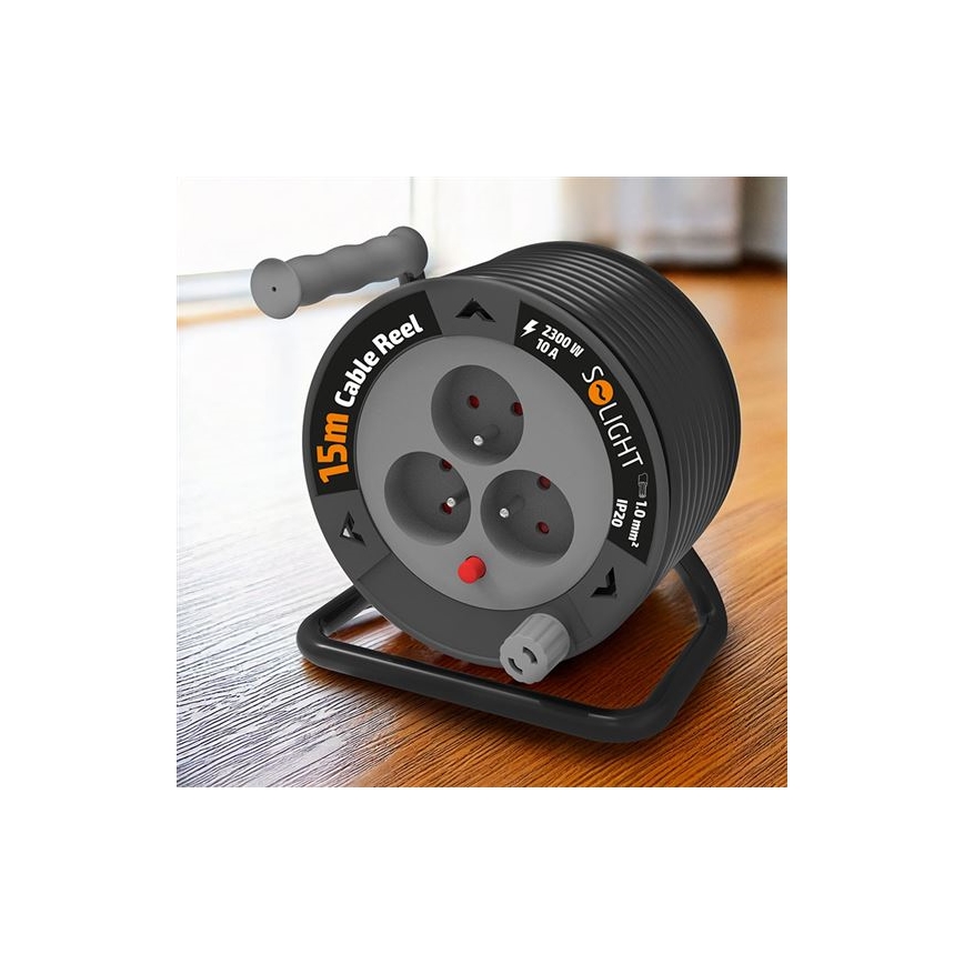 Удължител на макара с 3 гнезда, 12 м