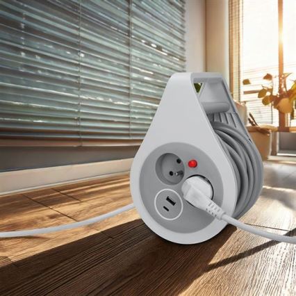 Удължител на макара с 2 гнезда + USB A+C, 10 м