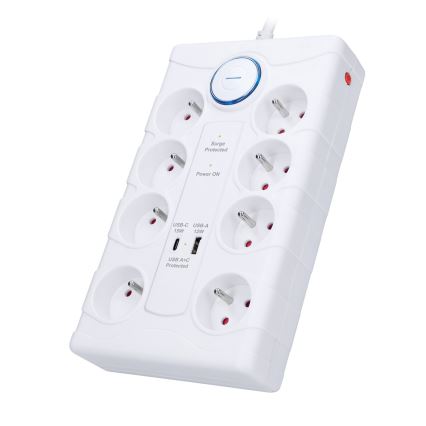 Разклонител с ключ и защита от пренапрежение, 8 гнезда, Тип E + 1xUSB-A + 1xUSB-C 2m бял