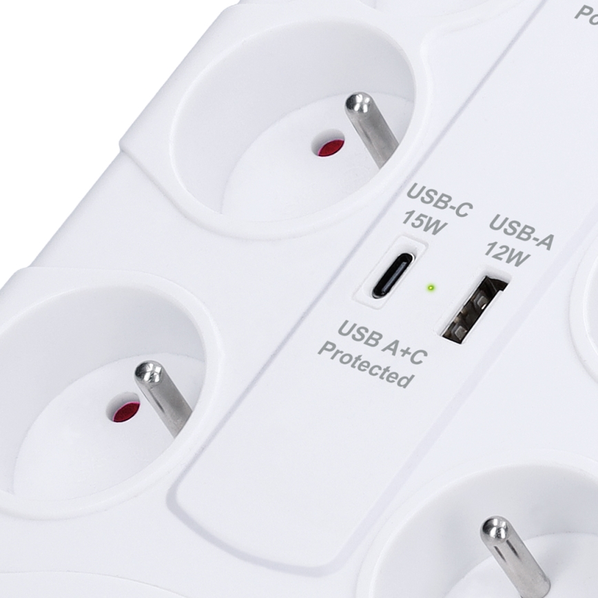 Разклонител с ключ и защита от пренапрежение, 8 гнезда, Тип E + 1xUSB-A + 1xUSB-C 2m бял