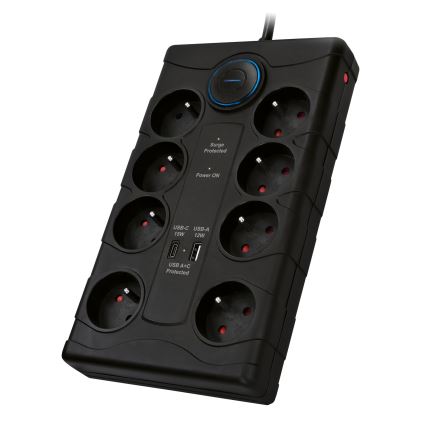 Удължител с ключ и защита от пренапрежение 8Z Тип E + 1xUSB-A + 1xUSB-C 2 m черен