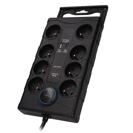 Удължител с ключ и защита от пренапрежение 8Z Тип E + 1xUSB-A + 1xUSB-C 2 m черен