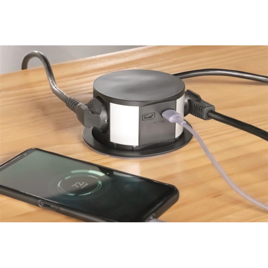Solight PP100USBC-B - Настолна колона с контакти 3x230V + 2xUSB черна