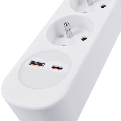 Удължителен кабел с ключ, 3 гнезда и USB A+C за зареждане, 5 m