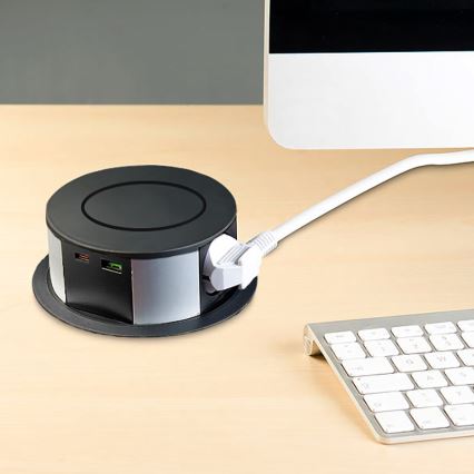 Колонка с контакти за плот с безжично зареждане Qi 3x230V + 1xUSB-A + 1xUSB-C черно/сребристо