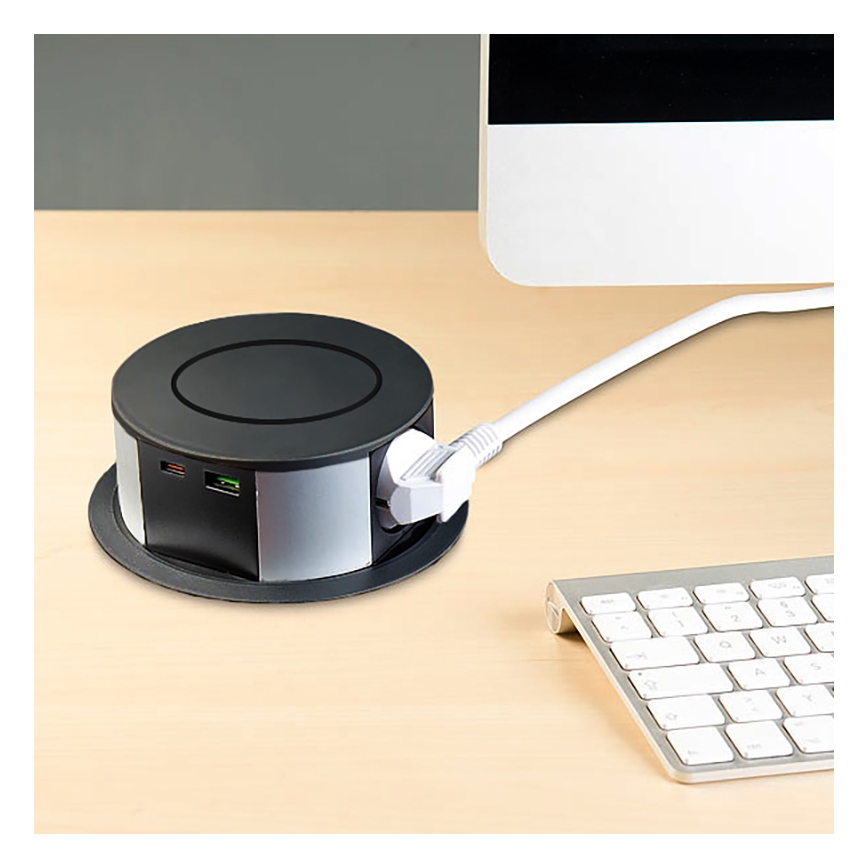 Колонка с контакти за плот с безжично зареждане Qi 3x230V + 1xUSB-A + 1xUSB-C черно/сребристо