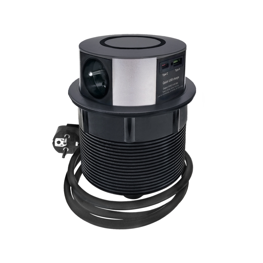 Колонка с контакти за плот с безжично зареждане Qi 3x230V + 1xUSB-A + 1xUSB-C черно/сребристо