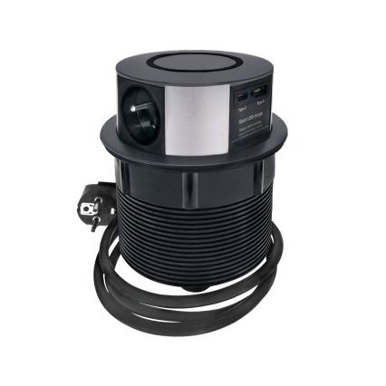 Колона с контакти за плот на маса с Qi безжично зареждане 3x230V + 1xUSB-A + 1xUSB-C черен/сребрист