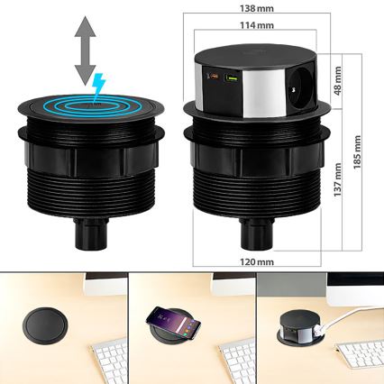 Колона с контакти за плот на маса с Qi безжично зареждане 3x230V + 1xUSB-A + 1xUSB-C черен/сребрист