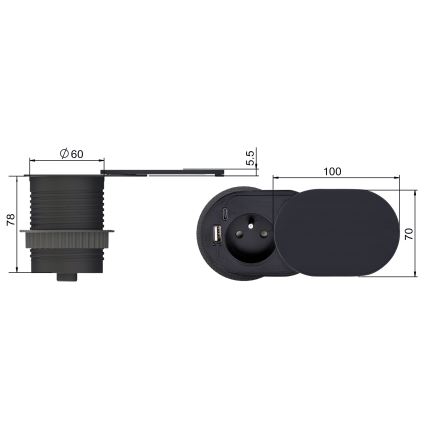 Вграден контакт с плъзгащ капак, 20W, 1x контакт + USB A+C, черен