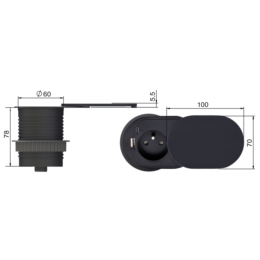 Вграден контакт с плъзгащ капак, 20W, 1x контакт + USB A+C, черен