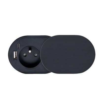 Вграден контакт с плъзгащ капак, 20W, 1x контакт + USB A+C, черен