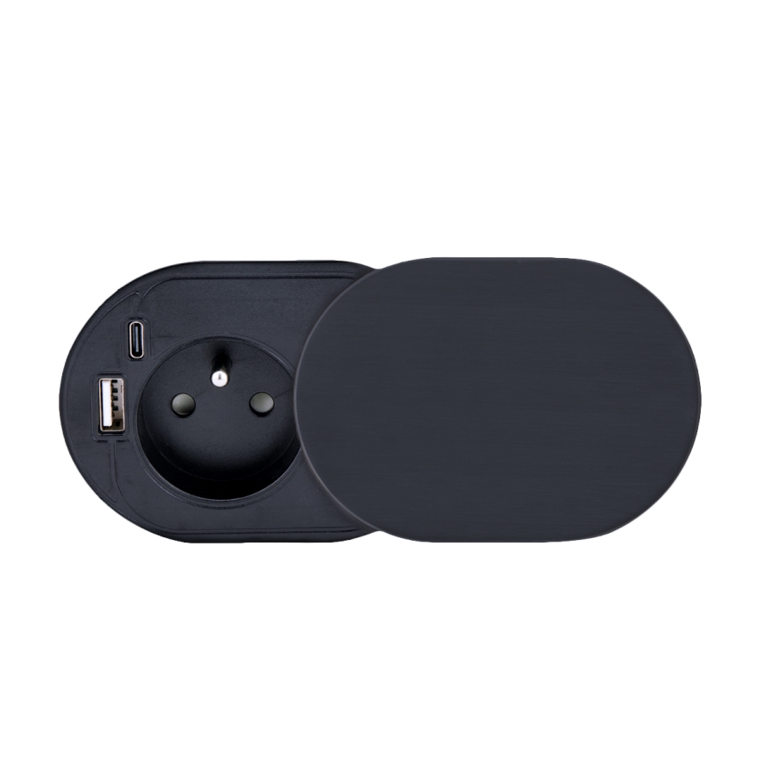 Вграден контакт с плъзгащ капак, 20W, 1x контакт + USB A+C, черен