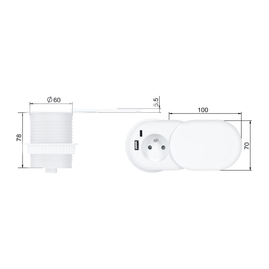 Вградена розетка с безжично зареждане 20W 1 гнездо + USB A+C бяла