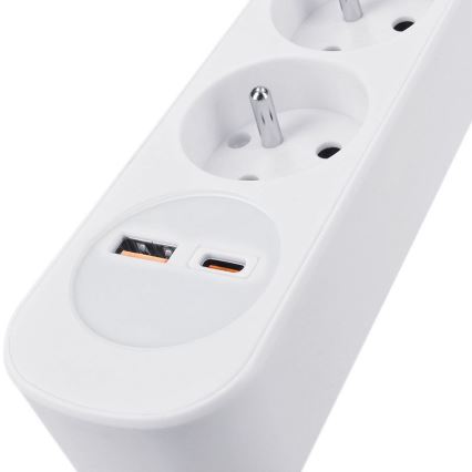 Удължител 3 м с ключ, 5 гнезда и USB A+C за зареждане
